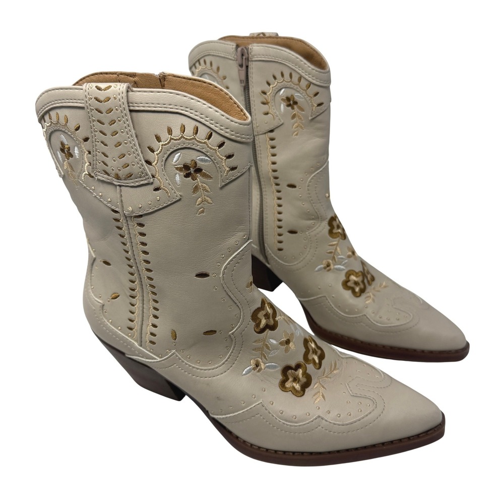 Crown Vintage Ilianna Boots Womens 8 Cream Excellent Floral Embroidered Western